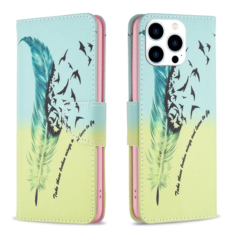 For iPhone 16 Pro Max Colored Drawing Pattern Leather Phone Case(Feather) by buy2fix