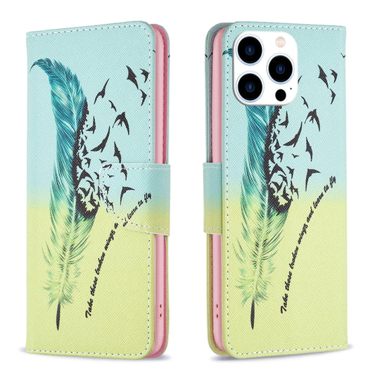 For iPhone 16 Pro Max Colored Drawing Pattern Leather Phone Case(Feather) by buy2fix