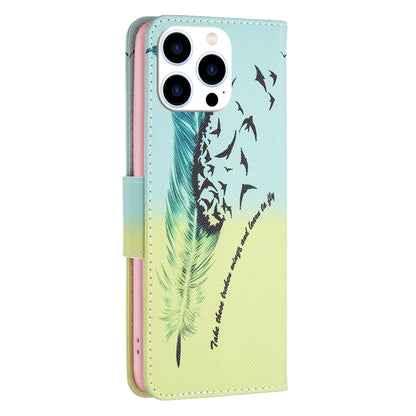 For iPhone 16 Pro Max Colored Drawing Pattern Leather Phone Case(Feather) by buy2fix