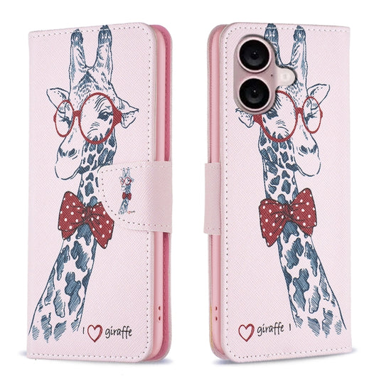 For iPhone 16 Plus Colored Drawing Pattern Leather Phone Case(Giraffe) - iPhone 16 Plus Cases by buy2fix | Online Shopping UK | buy2fix