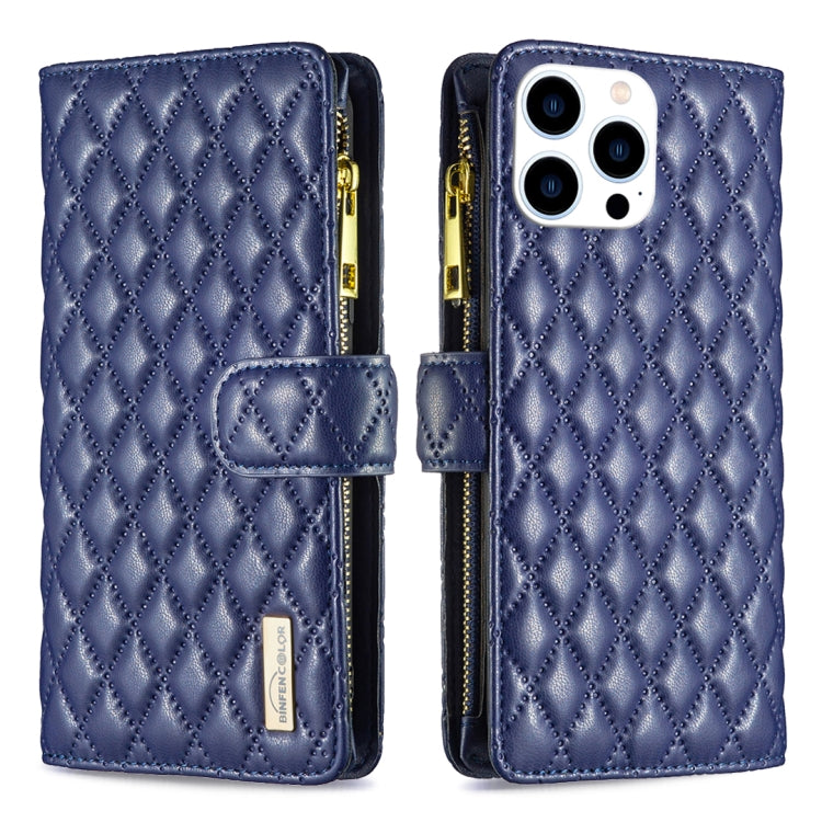 For iPhone 16 Pro Max Diamond Lattice Zipper Wallet Leather Flip Phone Case(Blue) by buy2fix