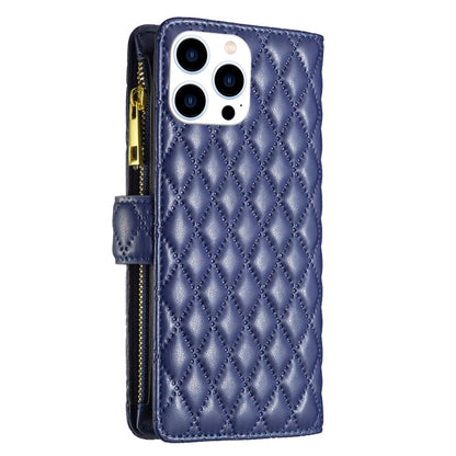 For iPhone 16 Pro Max Diamond Lattice Zipper Wallet Leather Flip Phone Case(Blue) by buy2fix