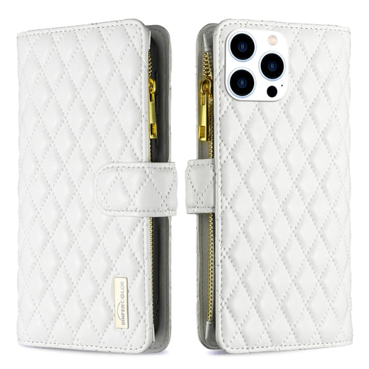 For iPhone 16 Pro Max Diamond Lattice Zipper Wallet Leather Flip Phone Case(White) by buy2fix