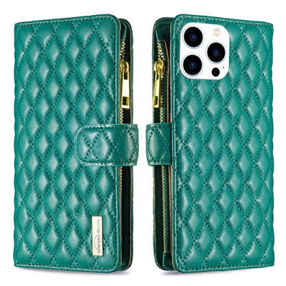 For iPhone 16 Pro Max Diamond Lattice Zipper Wallet Leather Flip Phone Case(Green) by buy2fix