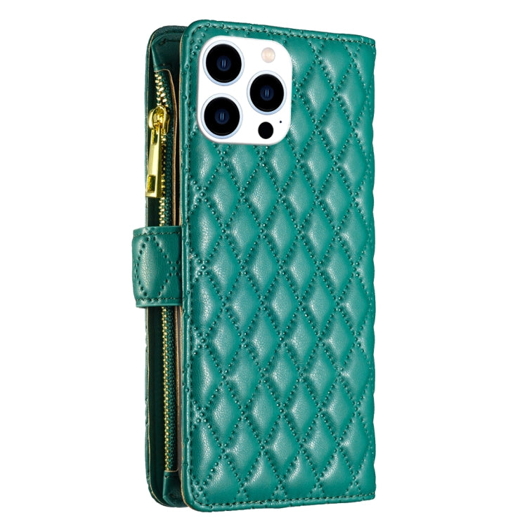 For iPhone 16 Pro Max Diamond Lattice Zipper Wallet Leather Flip Phone Case(Green) by buy2fix