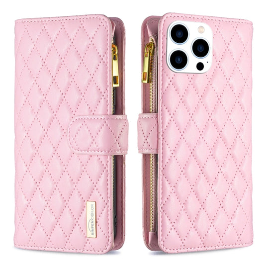 For iPhone 16 Pro Max Diamond Lattice Zipper Wallet Leather Flip Phone Case(Pink) by buy2fix
