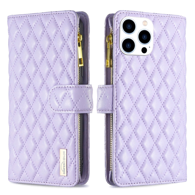 For iPhone 16 Pro Max Diamond Lattice Zipper Wallet Leather Flip Phone Case(Purple) by buy2fix
