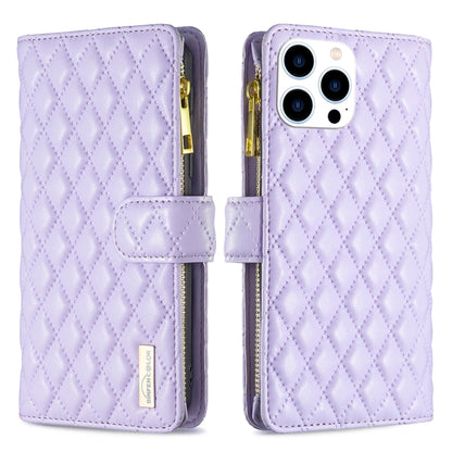 For iPhone 16 Pro Max Diamond Lattice Zipper Wallet Leather Flip Phone Case(Purple) by buy2fix