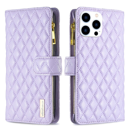 For iPhone 16 Pro Max Diamond Lattice Zipper Wallet Leather Flip Phone Case(Purple) by buy2fix