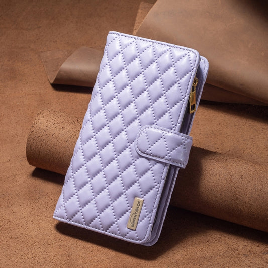For iPhone 16 Pro Max Diamond Lattice Zipper Wallet Leather Flip Phone Case(Purple) by buy2fix