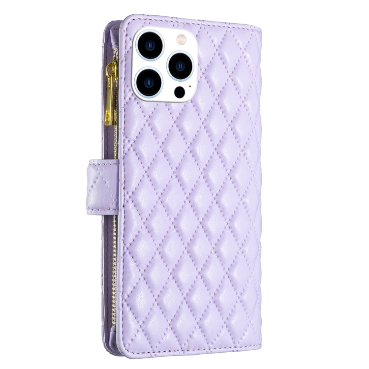 For iPhone 16 Pro Max Diamond Lattice Zipper Wallet Leather Flip Phone Case(Purple) by buy2fix