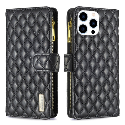 For iPhone 16 Pro Max Diamond Lattice Zipper Wallet Leather Flip Phone Case(Black) by buy2fix