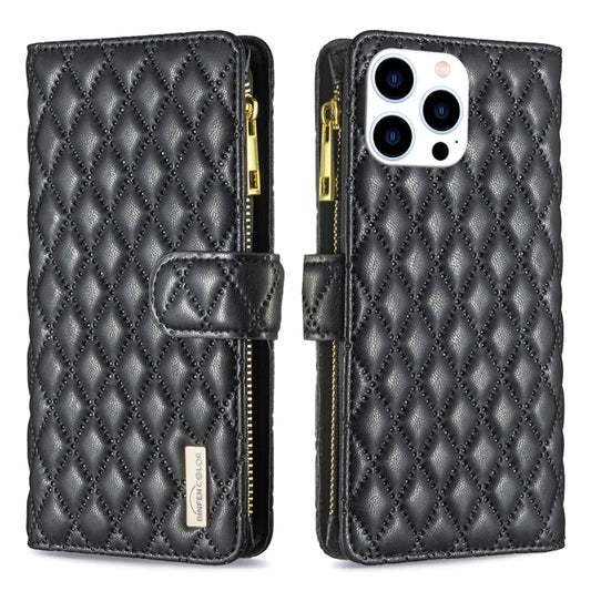 For iPhone 16 Pro Max Diamond Lattice Zipper Wallet Leather Flip Phone Case(Black) by buy2fix