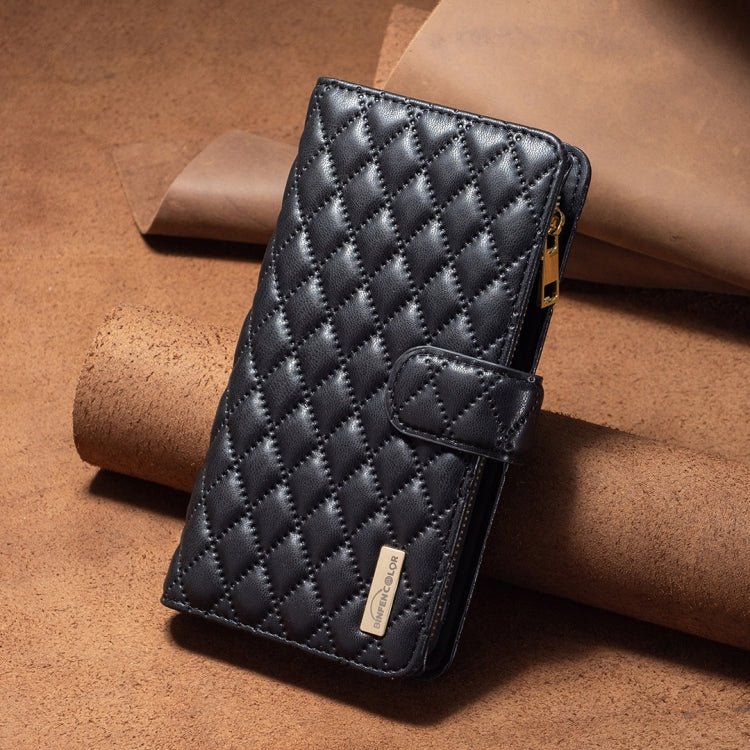 For iPhone 16 Pro Diamond Lattice Zipper Wallet Leather Flip Phone Case(Black) - iPhone 16 Pro Cases by buy2fix | Online Shopping UK | buy2fix