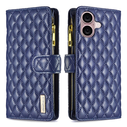 For iPhone 16 Plus Diamond Lattice Zipper Wallet Leather Flip Phone Case(Blue) - iPhone 16 Plus Cases by buy2fix | Online Shopping UK | buy2fix
