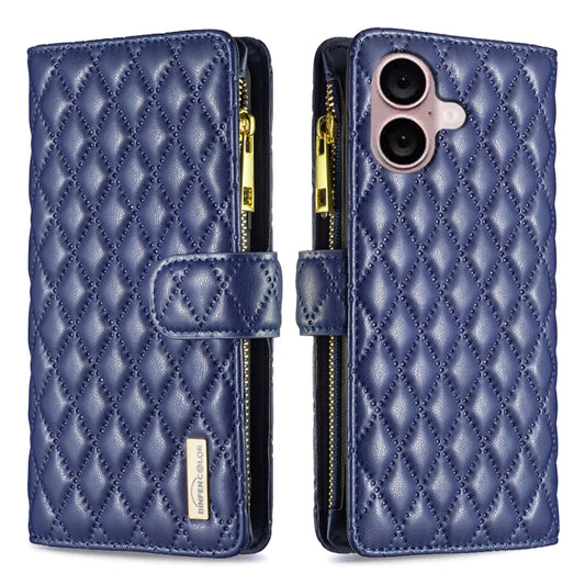 For iPhone 16 Plus Diamond Lattice Zipper Wallet Leather Flip Phone Case(Blue) - iPhone 16 Plus Cases by buy2fix | Online Shopping UK | buy2fix