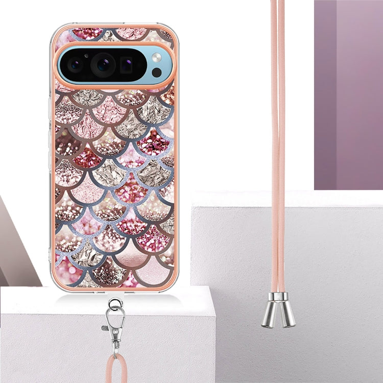 For Google Pixel 9 / 9 Pro Electroplating IMD TPU Phone Case with Lanyard(Pink Scales) by buy2fix