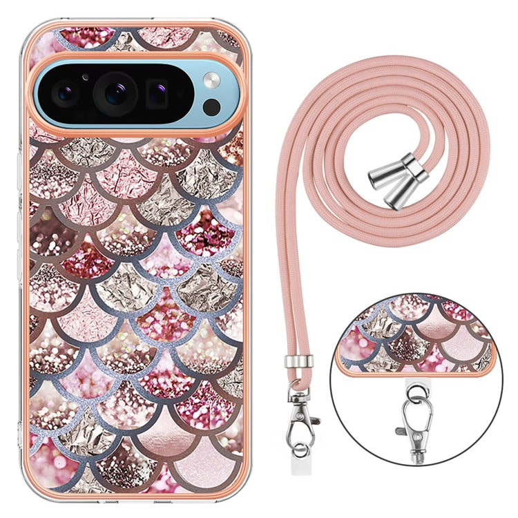 For Google Pixel 9 / 9 Pro Electroplating IMD TPU Phone Case with Lanyard(Pink Scales) by buy2fix