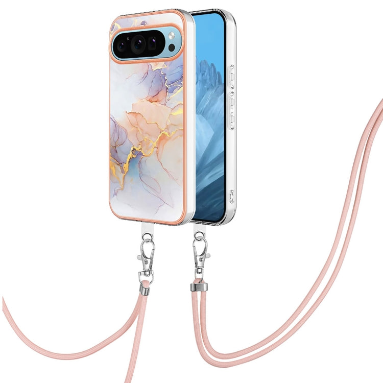 For Google Pixel 9 Pro XL Electroplating IMD TPU Phone Case with Lanyard(White Marble) by buy2fix