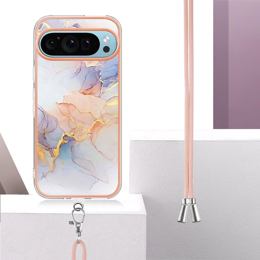 For Google Pixel 9 Pro XL Electroplating IMD TPU Phone Case with Lanyard(White Marble) by buy2fix