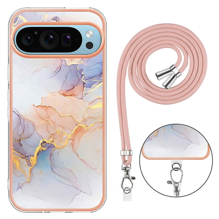 For Google Pixel 9 Pro XL Electroplating IMD TPU Phone Case with Lanyard(White Marble) by buy2fix