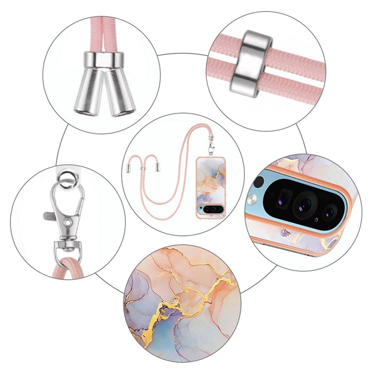 For Google Pixel 9 Pro XL Electroplating IMD TPU Phone Case with Lanyard(White Marble) by buy2fix