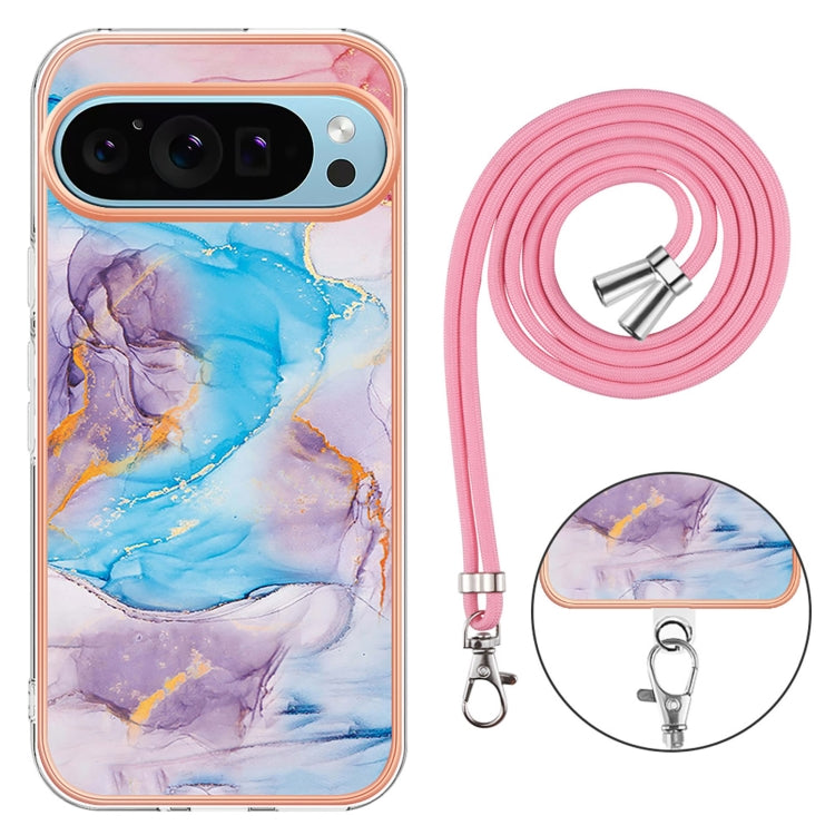 For Google Pixel 9 Pro XL Electroplating IMD TPU Phone Case with Lanyard(Blue Marble) by buy2fix