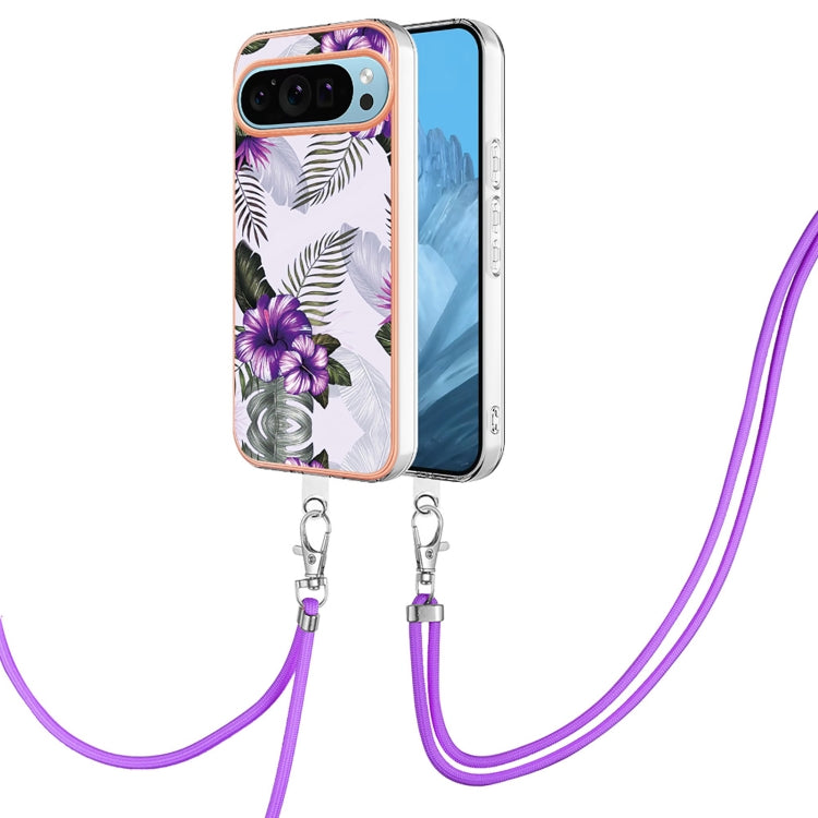 For Google Pixel 9 Pro XL Electroplating IMD TPU Phone Case with Lanyard(Purple Flower) by buy2fix