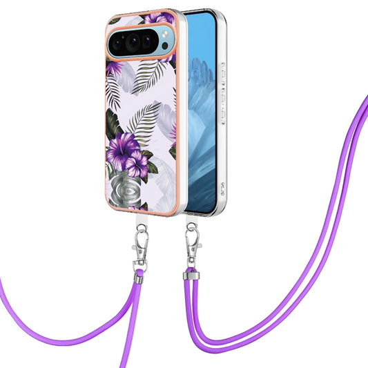 For Google Pixel 9 Pro XL Electroplating IMD TPU Phone Case with Lanyard(Purple Flower) by buy2fix