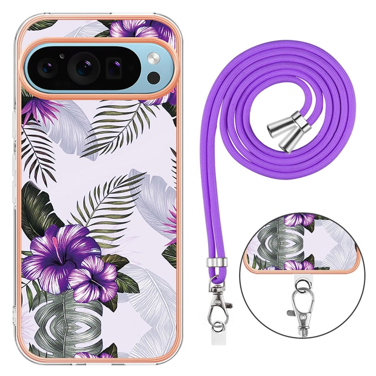 For Google Pixel 9 Pro XL Electroplating IMD TPU Phone Case with Lanyard(Purple Flower) by buy2fix