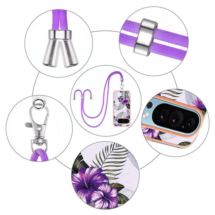 For Google Pixel 9 Pro XL Electroplating IMD TPU Phone Case with Lanyard(Purple Flower) by buy2fix