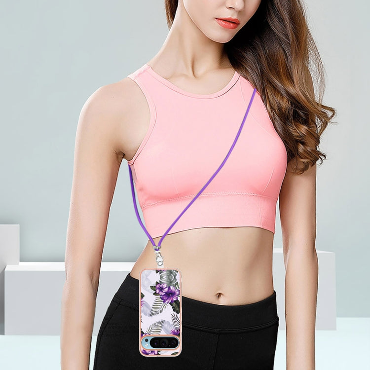 For Google Pixel 9 Pro XL Electroplating IMD TPU Phone Case with Lanyard(Purple Flower) by buy2fix