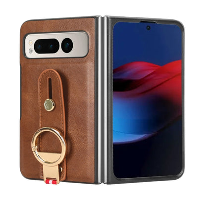 For Google Pixel Fold Wristband Leather Back Phone Case(Brown) by buy2fix