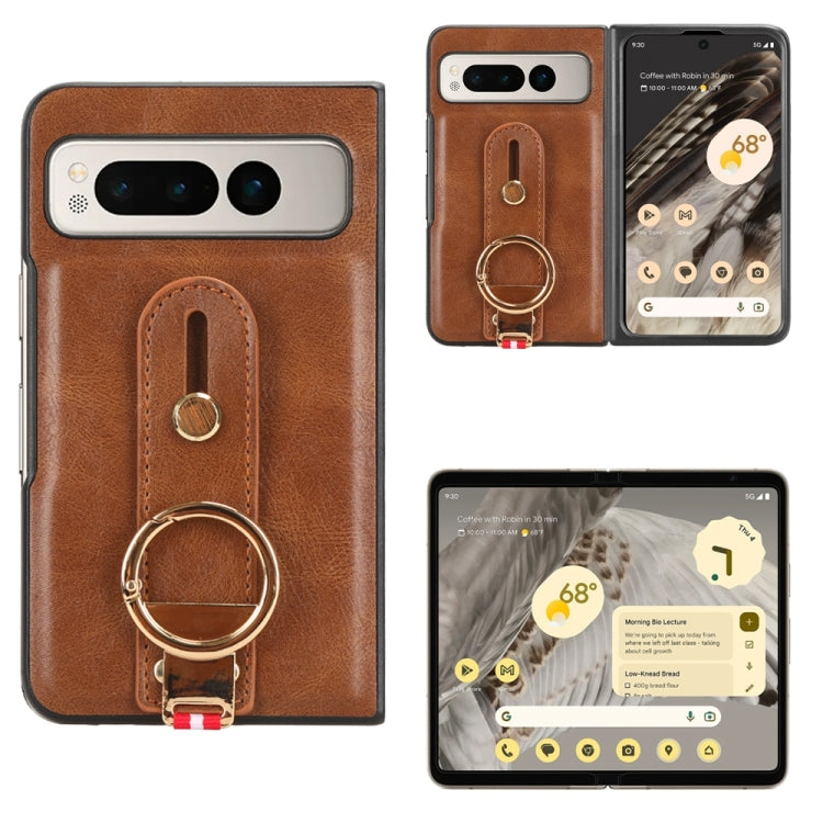 For Google Pixel Fold Wristband Leather Back Phone Case(Brown) by buy2fix