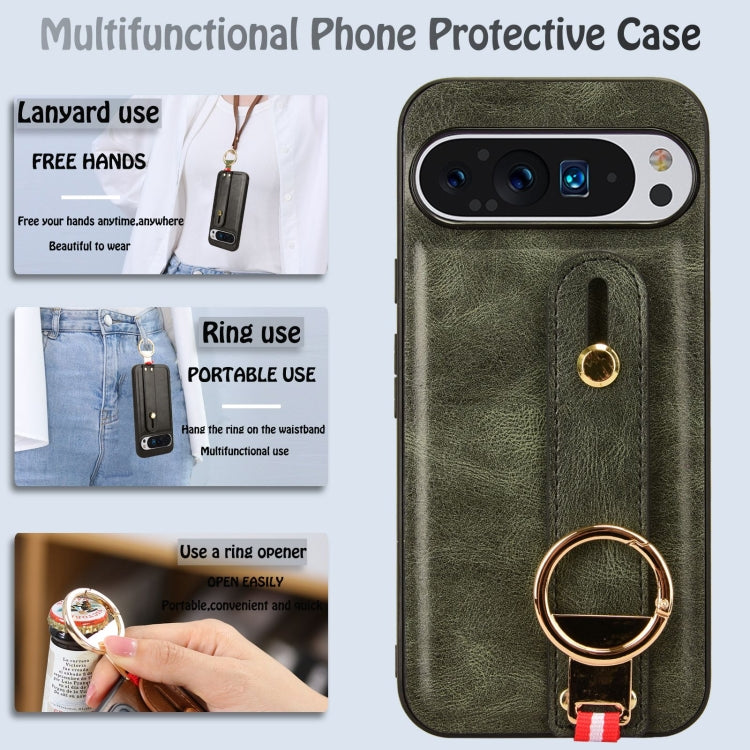 For Google Pixel 9 Pro Wristband Leather Back Phone Case(Green) by buy2fix