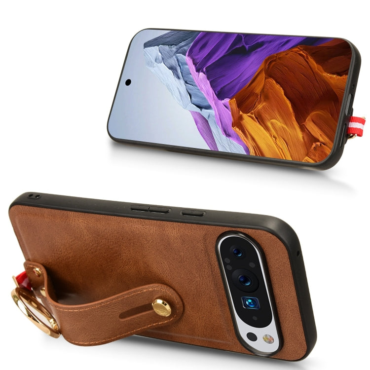 For Google Pixel 9 Pro Wristband Leather Back Phone Case(Brown) by buy2fix