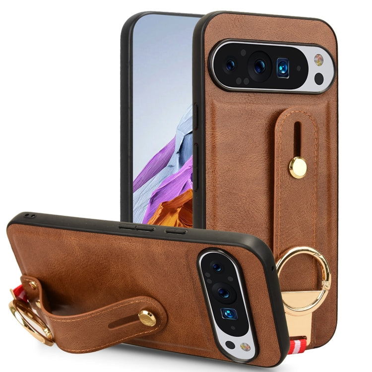 For Google Pixel 9 Wristband Leather Back Phone Case(Brown) by buy2fix