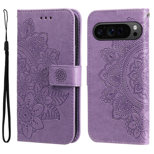 For Google Pixel 9 Pro Seven-petal Flowers Embossing Leather Phone Case(Light Purple) - Google Cases by buy2fix | Online Shopping UK | buy2fix