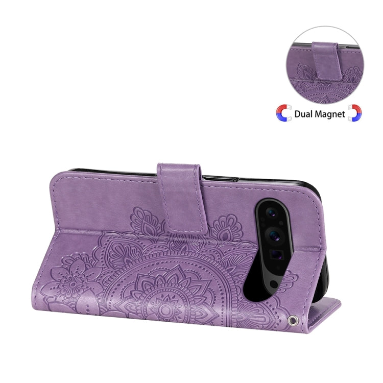 For Google Pixel 9 Pro Seven-petal Flowers Embossing Leather Phone Case(Light Purple) - Google Cases by buy2fix | Online Shopping UK | buy2fix