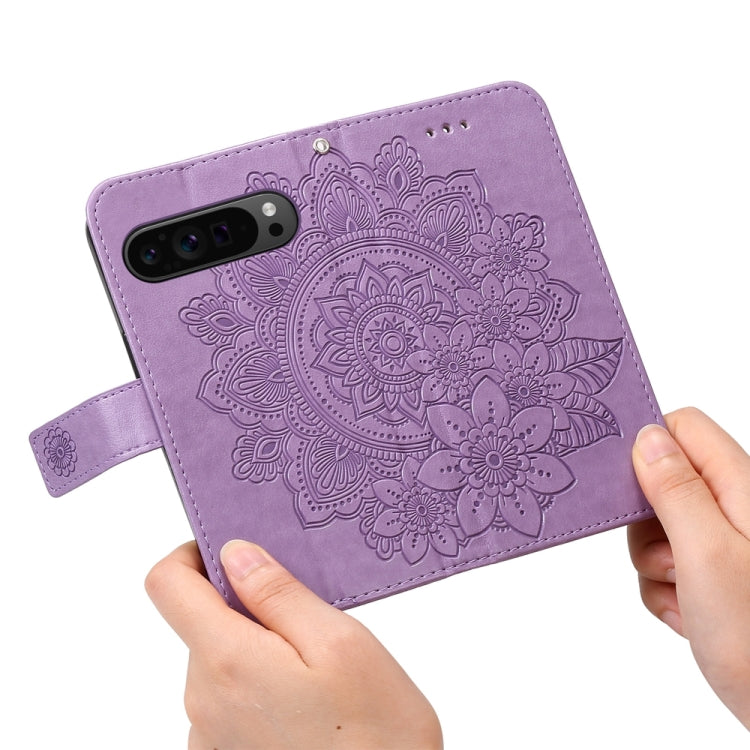For Google Pixel 9 Pro Seven-petal Flowers Embossing Leather Phone Case(Light Purple) - Google Cases by buy2fix | Online Shopping UK | buy2fix