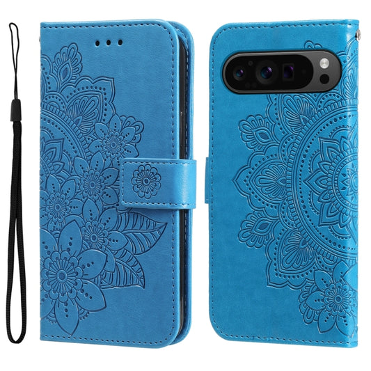 For Google Pixel 9 Pro Seven-petal Flowers Embossing Leather Phone Case(Blue) by buy2fix