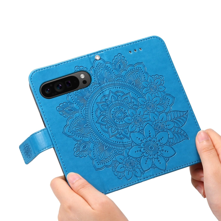 For Google Pixel 9 Pro Seven-petal Flowers Embossing Leather Phone Case(Blue) by buy2fix