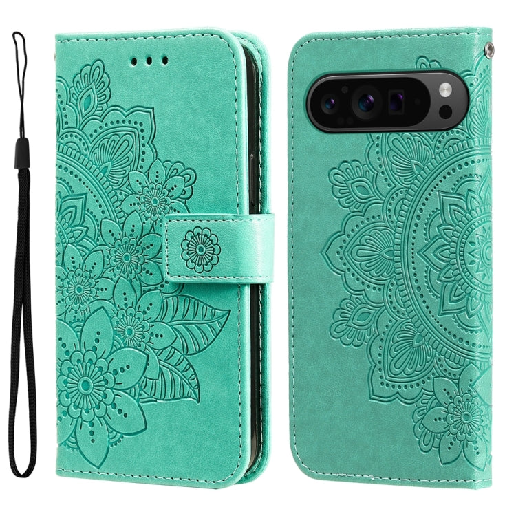 For Google Pixel 9 Pro Seven-petal Flowers Embossing Leather Phone Case(Green) by buy2fix