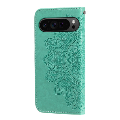 For Google Pixel 9 Pro Seven-petal Flowers Embossing Leather Phone Case(Green) by buy2fix