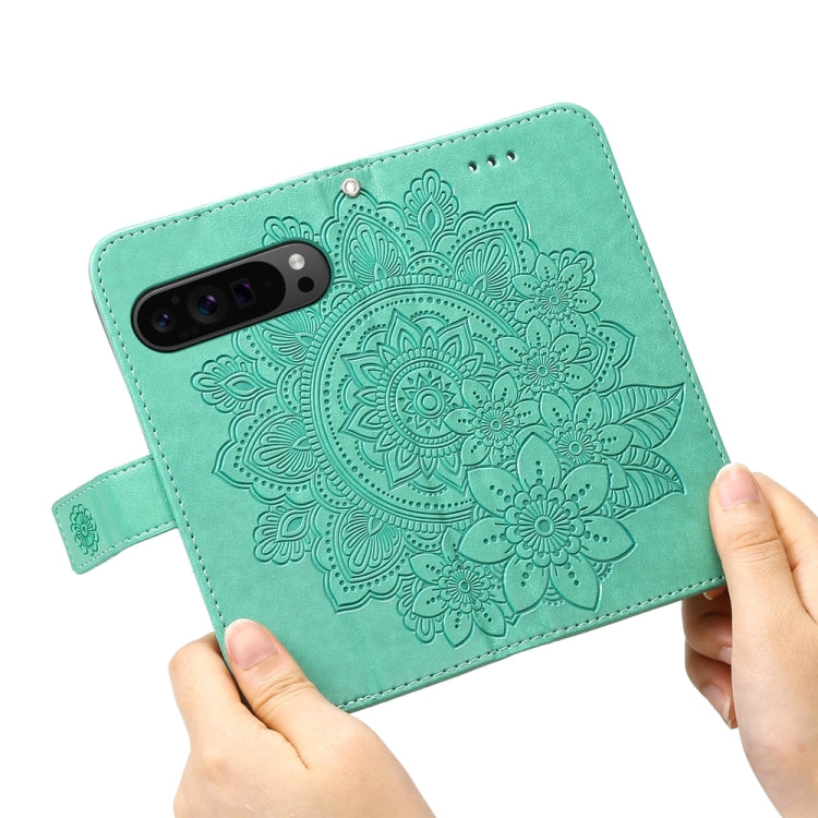 For Google Pixel 9 Pro Seven-petal Flowers Embossing Leather Phone Case(Green) by buy2fix