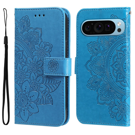 For Google Pixel 9 Seven-petal Flowers Embossing Leather Phone Case(Blue) by buy2fix