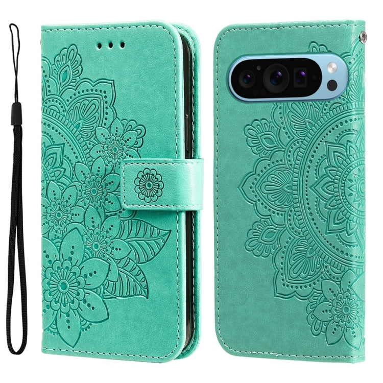 For Google Pixel 9 Seven-petal Flowers Embossing Leather Phone Case(Green) by buy2fix