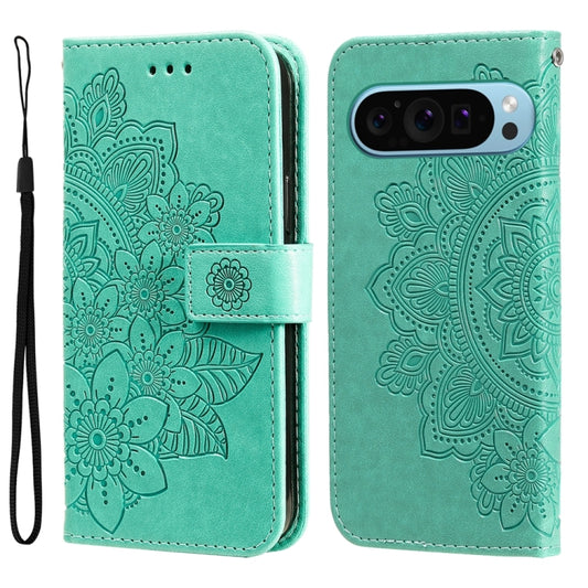 For Google Pixel 9 Seven-petal Flowers Embossing Leather Phone Case(Green) by buy2fix