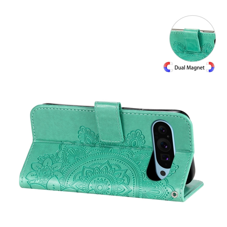 For Google Pixel 9 Seven-petal Flowers Embossing Leather Phone Case(Green) by buy2fix