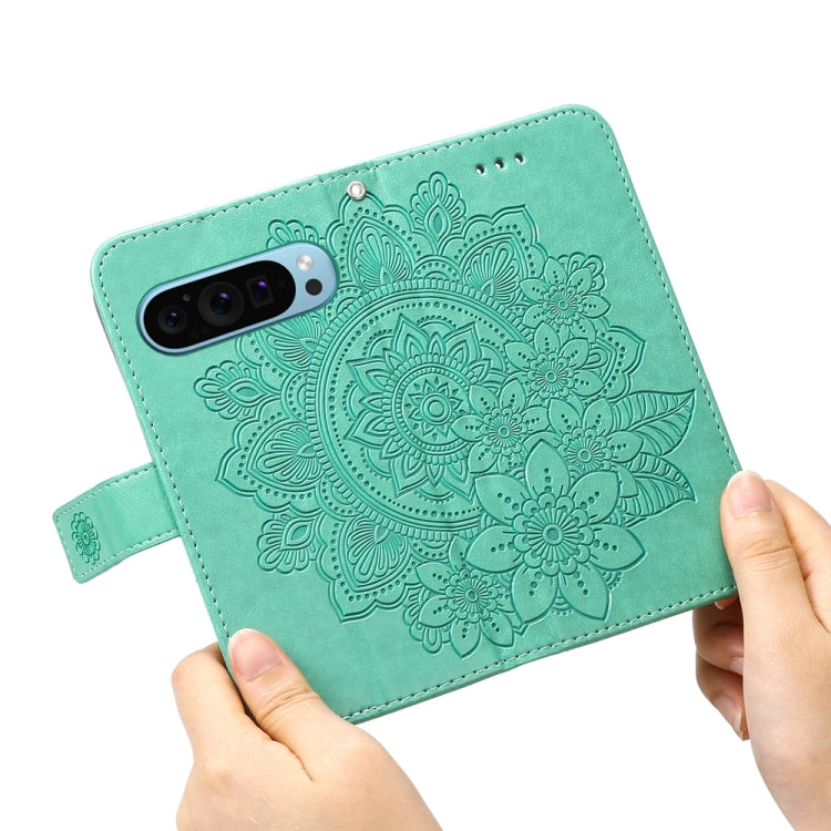 For Google Pixel 9 Seven-petal Flowers Embossing Leather Phone Case(Green) by buy2fix